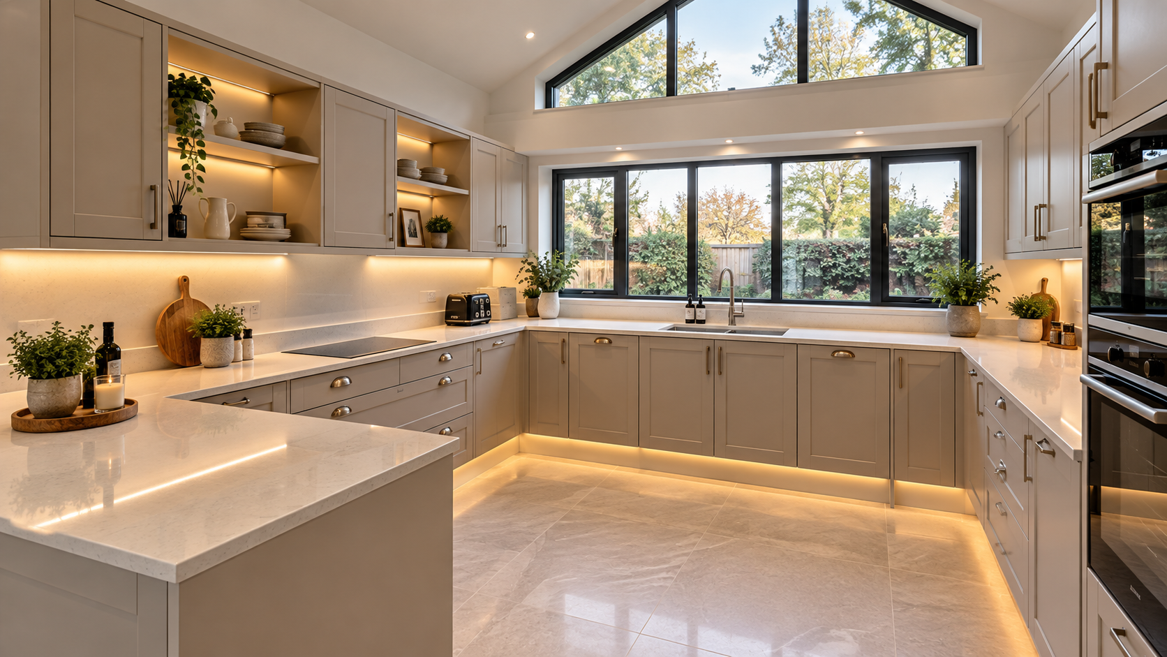 Greige U-shaped kitchen with warm lighting